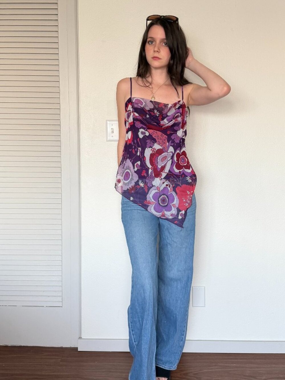 Y2K Asymmetric Tank (S) small purple pink vintage womens fairy floral cute chic
